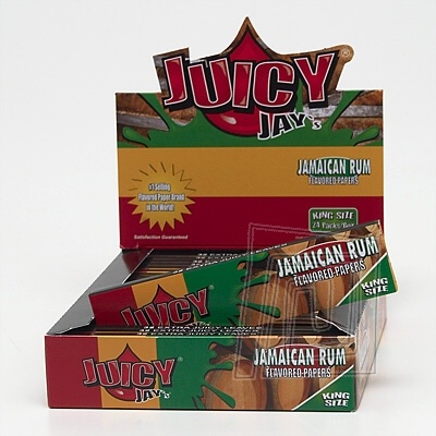 tlov a ochuten cigaretov papieriky Juicy Jays Jamajsk Rum s potlaou. King size. BOX 24 kusov v balen.