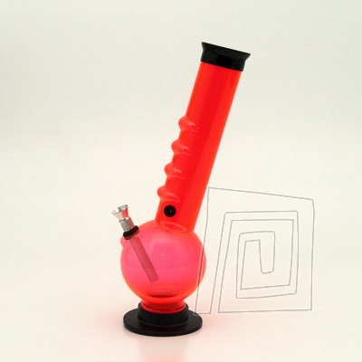 Bongo z tvrdenho plastu strednej vekosti. S kovovm kotlkom a jednou bublinou. Typ Bongo acrylic Bubble Grip UV 26 cm oranov.