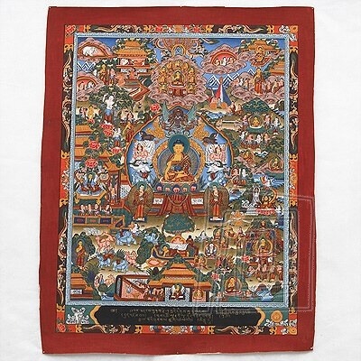 Mandala Thanka malovan na pltne. Motv ivot Buddhu, s podpisom autora - tibetskho lmu.